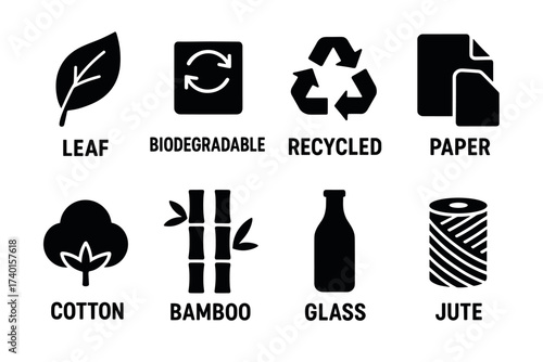 Eco-friendly and biodegradable materials icon set. Vector black symbols of sustainable resources