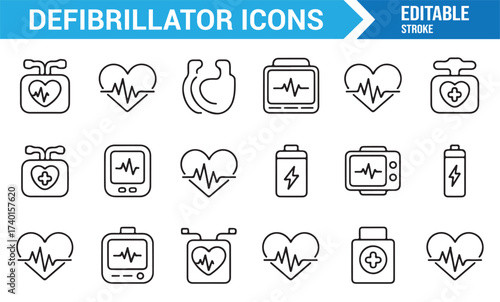 Editable stroke defibrillator symbols with heart, pulse, and ECG monitor
