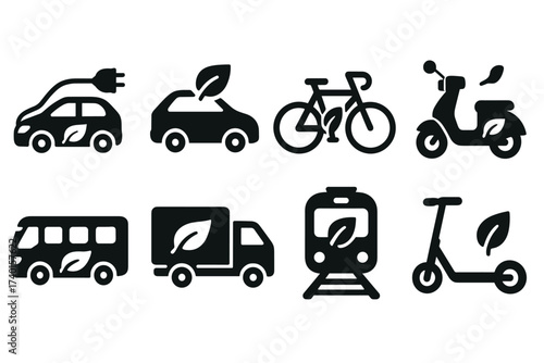 Green transportation and eco-friendly vehicles icon set. Vector black symbols of sustainable mobility