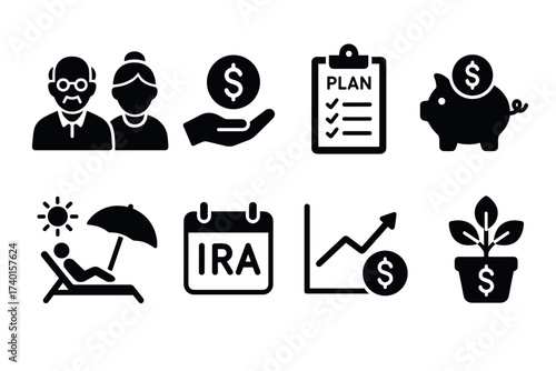 Retirement planning and savings icon set. Vector black symbols of pension and investment