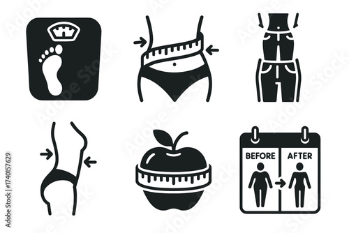 Weight loss and diet icon set. Vector black symbols of slimming and healthy body