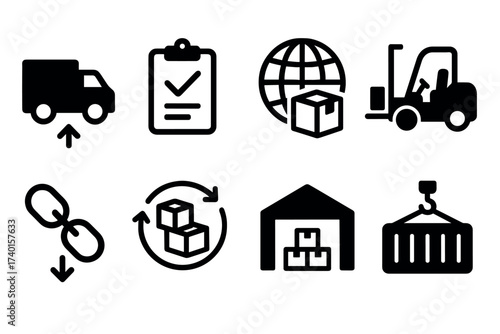 Supply chain and logistics icon set. Vector black symbols of distribution and freight