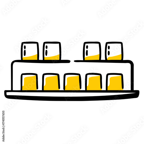 Duty-free display shelf with glasses and bottles of yellow beverage  