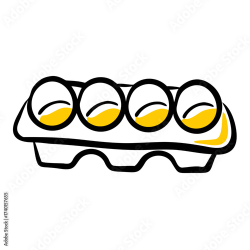 Illustrative egg carton with four eggs and yolks visible  