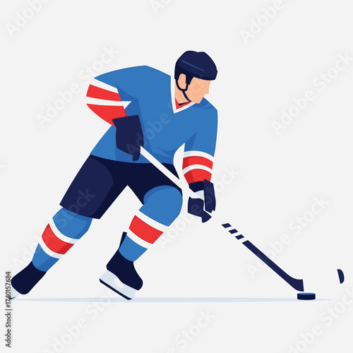 Vector illustration of a male ice hockey player in full gear, energetically skating and controlling the puck on the ice rink