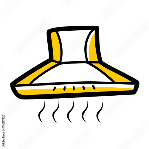 Kitchen vent hood illustration with yellow accents and steam effect  