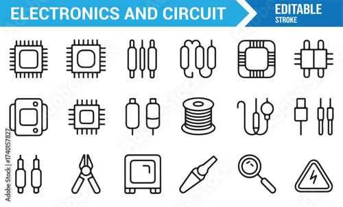 Electronics and circuit line icons set for technology and engineering concepts