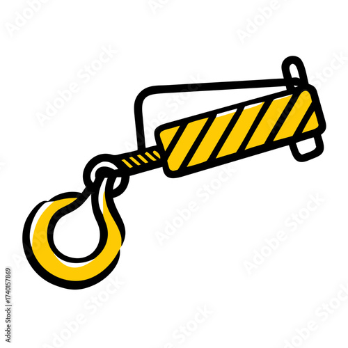 Drawn yellow construction winch with hook and cable mechanism  