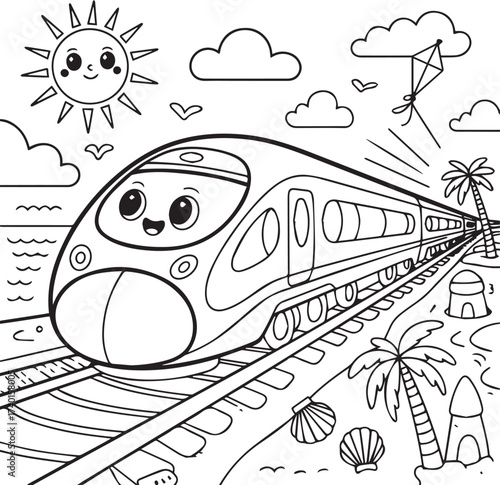 Kids Railway Scene | Cute Train with Sun and Sea Coloring Page