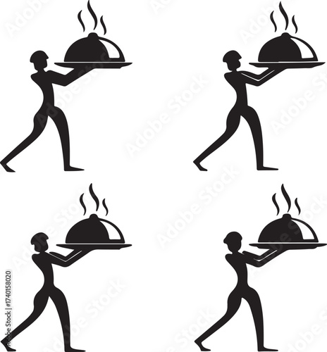Four Silhouettes of a Person in a Chef's Hat Presenting a Steaming Dish Under a Cloche Keywords: silhouette, person, chef, waiter, server, serving, dish, cloche, lid, food, hot, steaming, smoke