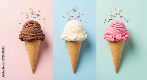 Three delicious ice cream cones with colorful sprinkles on a pastel background, perfect for a summer treat