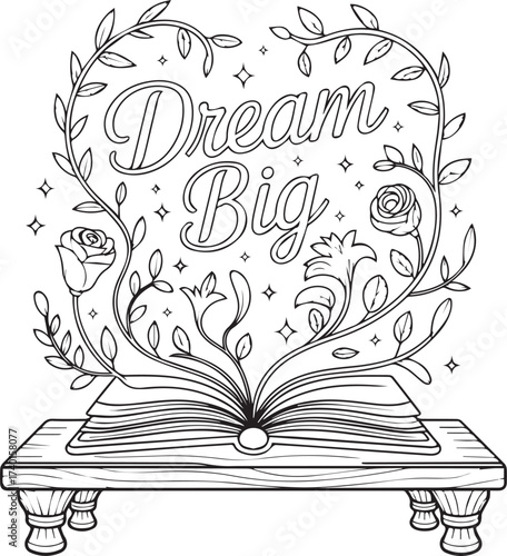 "Dream Big" Motivational Coloring Page: Intricate Floral Line Art on Open Book

