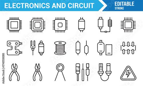 Modern vector electronics icon collection with chips, resistors, and connectors