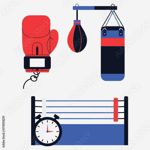 Flat vector illustration of essential boxing training gear glove, punching bags, ring, and stopwatch. Perfect for fitness, gym, combat sports, and workout concepts