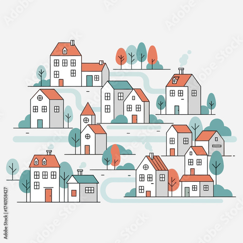 Stylized illustration of a quaint town with charming houses, trees, and a sense of community
