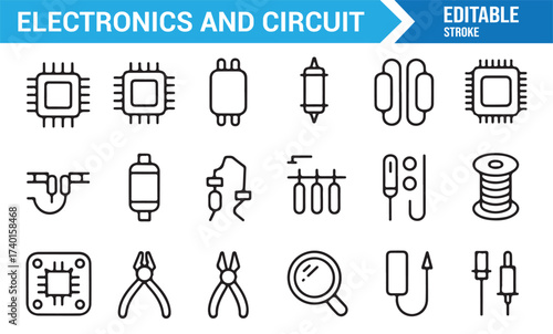Linear vector technology icons with wires, devices, and electronic symbols