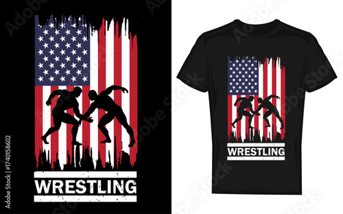 Dynamic silhouette of a wrestler in action celebrating american pride with a flag design perfect for wrestling fans and gift t shirts