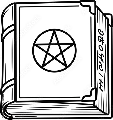Black and white grimoire with pentagram illustration art