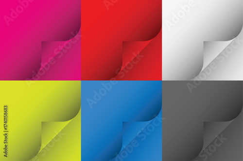 A collection of curled page corners in multiple colors (magenta, red, white, yellow, blue, black). Perfect template for notes, stickers, web banners, or any design project requiring a peel-off effect.