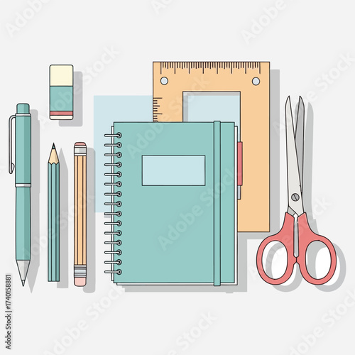 Neatly organized collection of essential school and office stationery supplies in a modern flat design illustration style, perfect for education and creativity projects