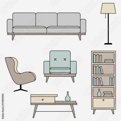 Collection of stylized furniture items for interior design, including a sofa, armchair, coffee table, and bookshelf