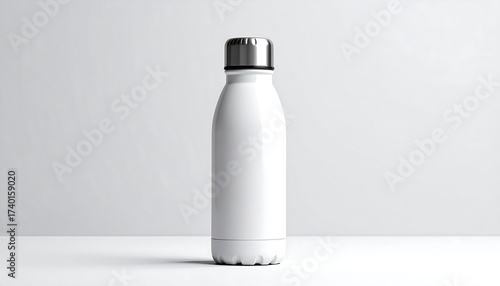 A Minimalist White Water Bottle with Metallic Lid on a White Background