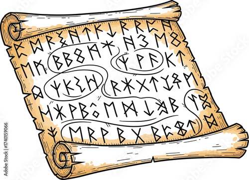 Ancient scroll with mysterious runes and symbols unfolded