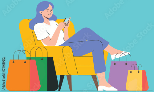 A woman sitting in a yellow chair looking at her phone with shopping bags around her on a blue background