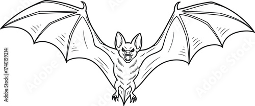 Cartoon bat with outstretched wings in black and white art