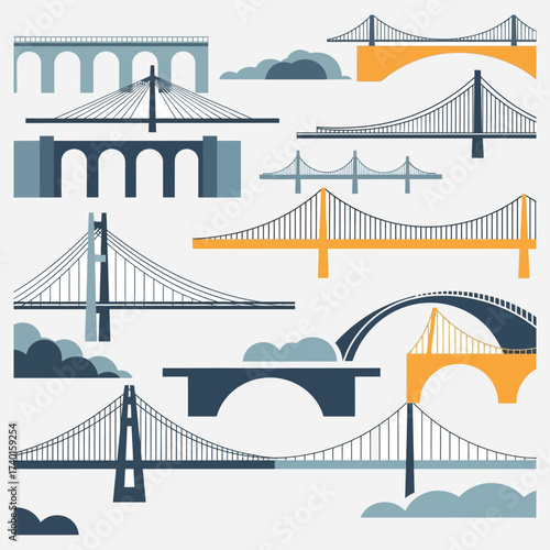 Collection of Various Bridge Designs and Shapes Vector Illustration