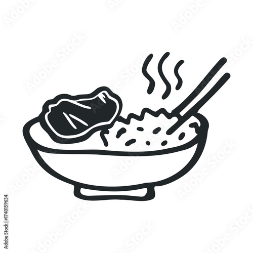 Steaming bowl of rice with meat and chopsticks clip art
