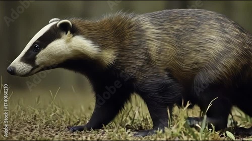 Realistic Badger Walking on Forest Floor with Dry Leaves