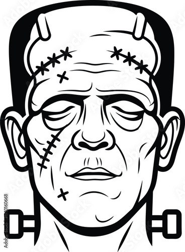 Frankenstein's monster head in black and white illustration