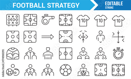 Soccer field, jersey, whistle, and tactic board linear icons for sports concepts