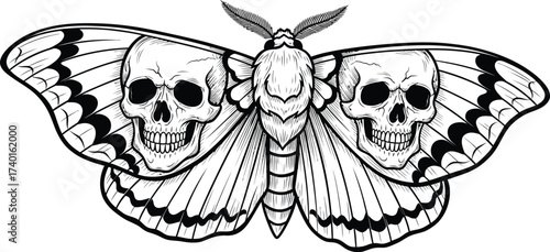 Detailed moth with skull wings illustration in black ink