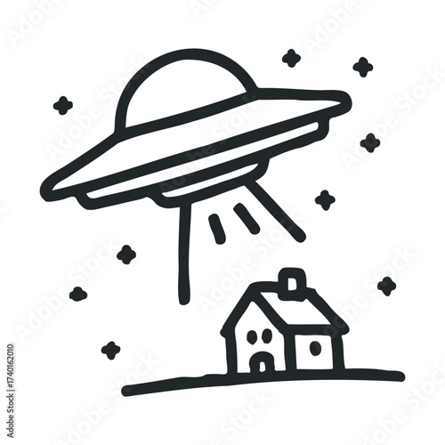 Ufo hovering over house at night with starry sky - black and white drawing