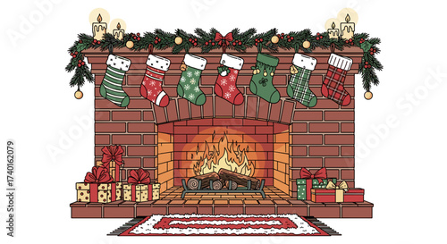Cozy Christmas fireplace scene with hanging stockings and gifts isolated on transparent background
