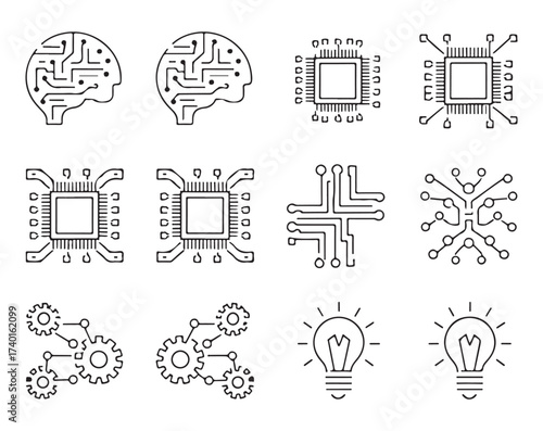 Microchip and Circuit Board Vector Icons Set in Line Art Style for Technology and Digital Hardware Design