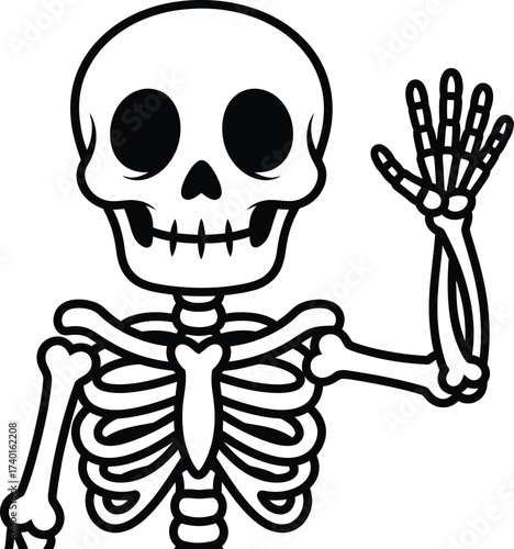 Cartoon skeleton waving hello with a friendly gesture pose