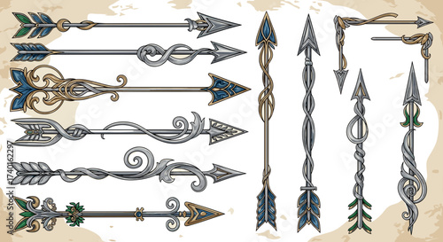 Set of ornate fantasy pixel art arrows with decorative flourishes isolated on transparent background