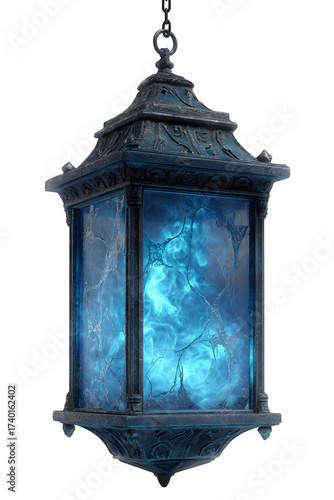 Ethereal blue flame glows within an antique, ornate hanging lantern casting mystical light, perfect for fantasy or gothic themes.. Perfect for Halloween Designs