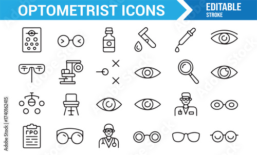 Minimal vector icon set of optometrist equipment and ophthalmology instruments