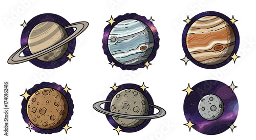 Set of cartoon solar system planets vector illustration icons isolated on transparent background