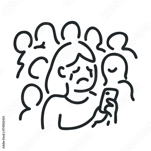 Illustration of sad female facing cyberbullying online among group of people