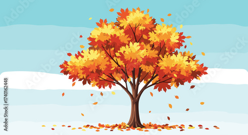 Vibrant autumn tree shedding colorful orange and yellow leaves, an isolated SVG vector illustration.