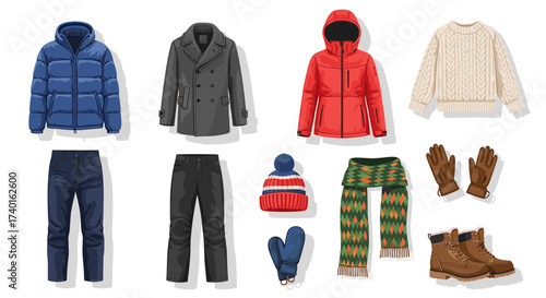 Set of men's warm winter clothing like coats, hats, and gloves. SVG vector illustration design
