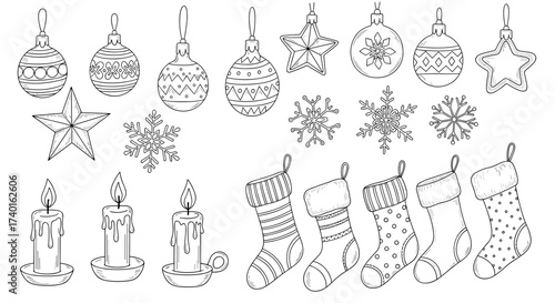 Set of hand-drawn Christmas decorations with ornaments and stockings, vector illustration svg file