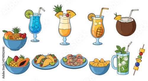 Vector illustration set of tropical food and summer cocktails isolated on transparent background svg