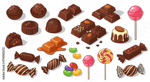 Vector illustration set of assorted chocolate candies, truffles, caramels, and sweet lollipops.