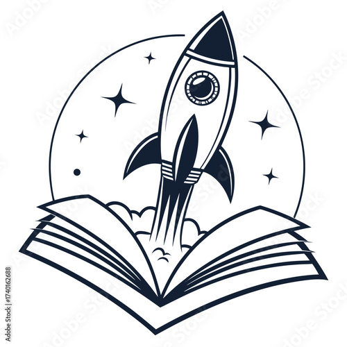 Symbolic logo: book and rocket combined, representing learning, curiosity and future thinking, vector format